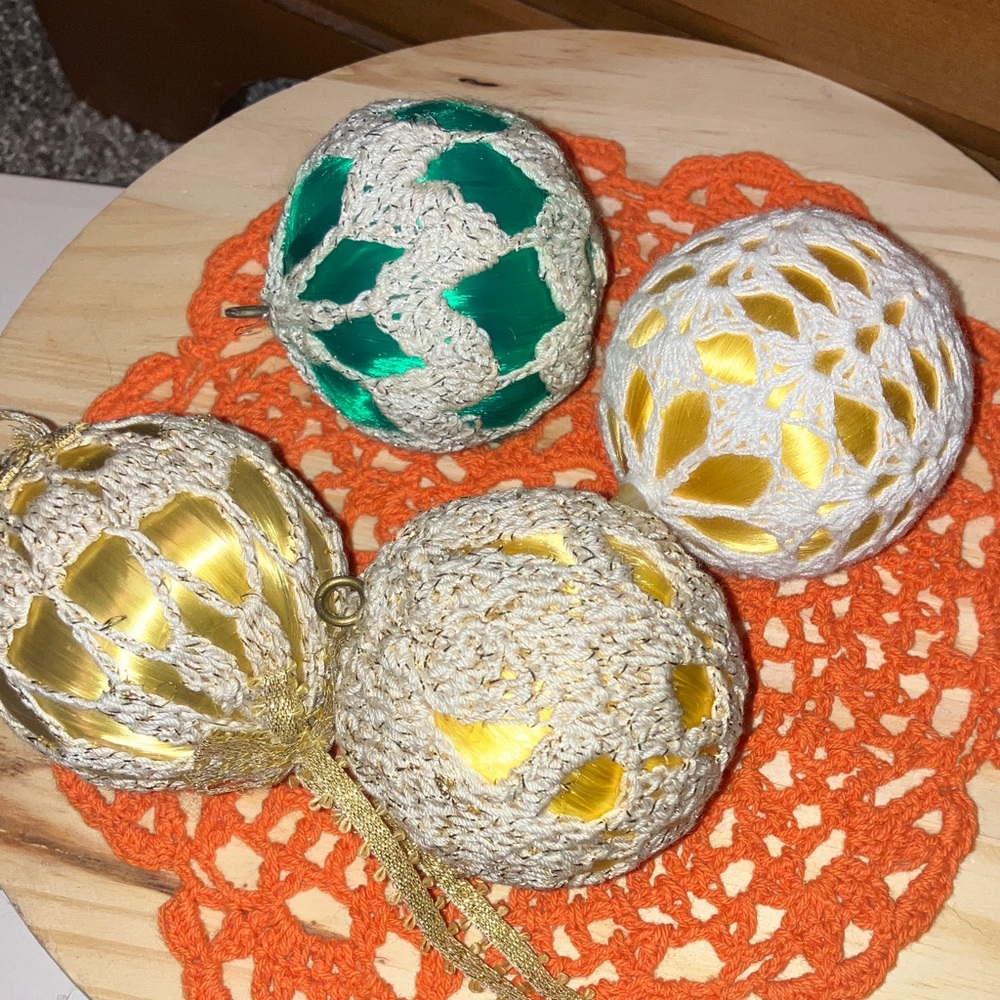 Hand Crafted Gold and Green Crochet & Satin Ornaments 4 Total Vintage